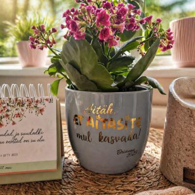 Lillepott (keraamiline) tekstiga