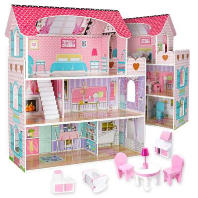 MDF puidust nukumaja + mööbel 70cm roosa LED